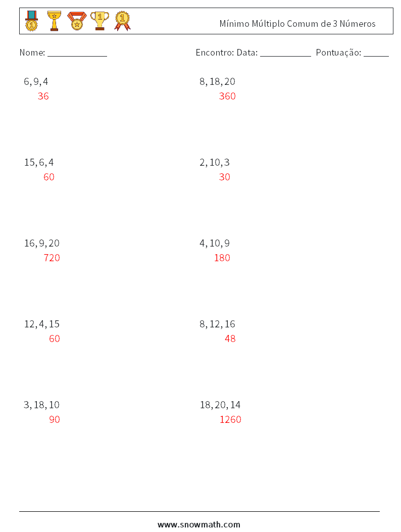 Mínimo Múltiplo Comum de 3 Números planilhas matemáticas 1 Pergunta, Resposta