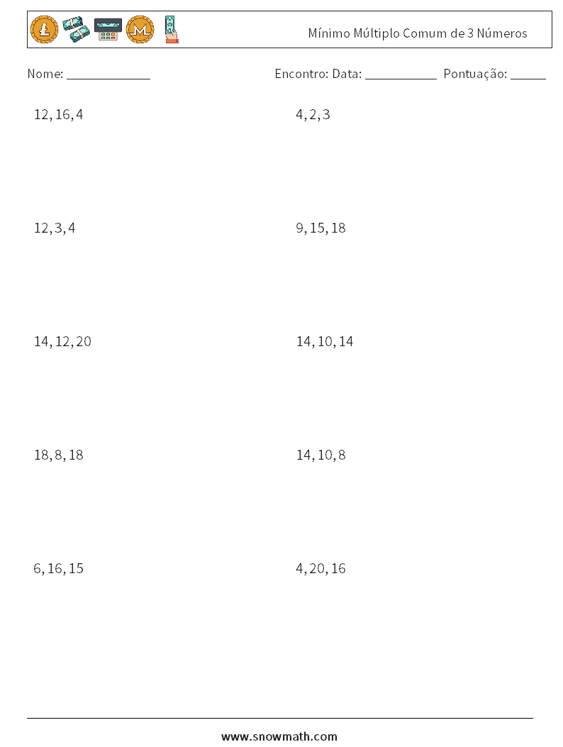 Mínimo Múltiplo Comum de 3 Números planilhas matemáticas 2