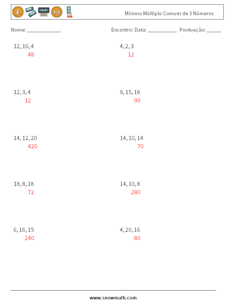 Mínimo Múltiplo Comum de 3 Números planilhas matemáticas 2 Pergunta, Resposta