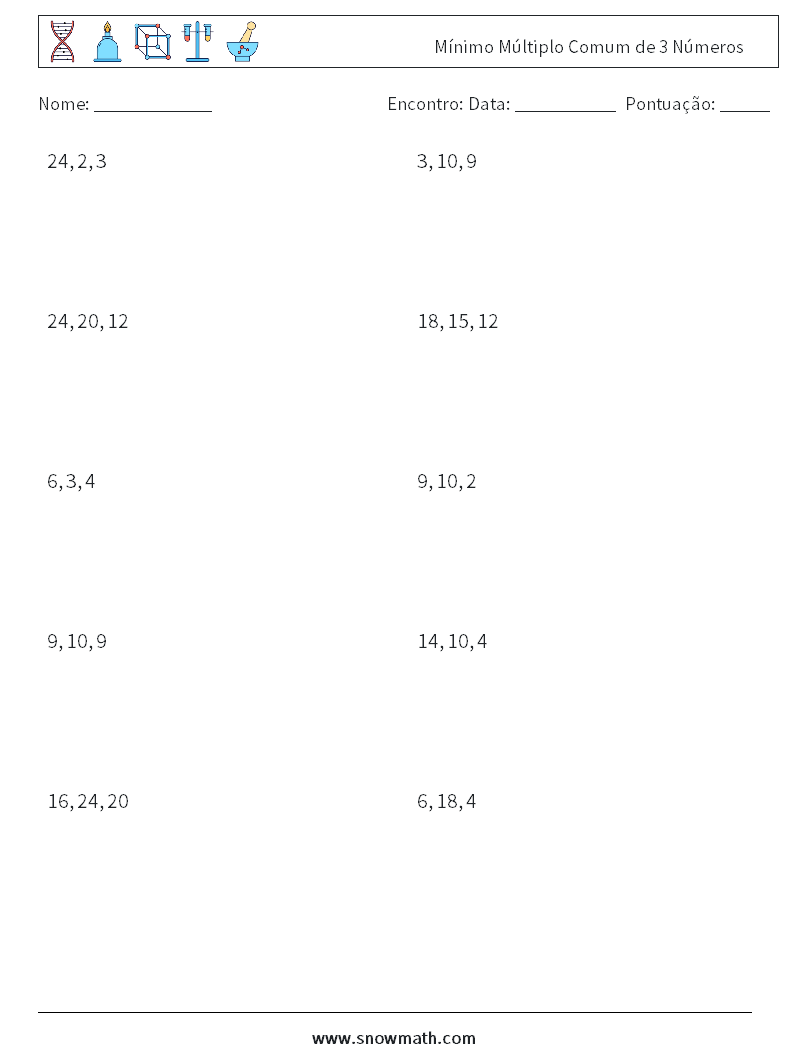 Mínimo Múltiplo Comum de 3 Números planilhas matemáticas 5