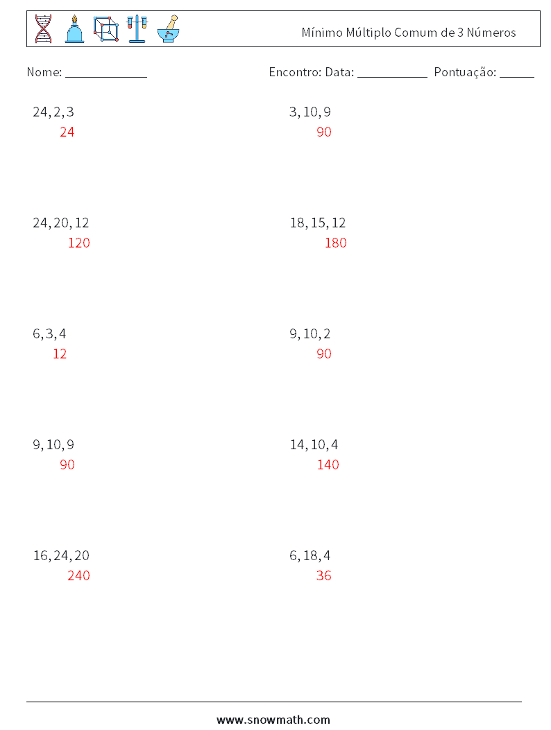 Mínimo Múltiplo Comum de 3 Números planilhas matemáticas 5 Pergunta, Resposta