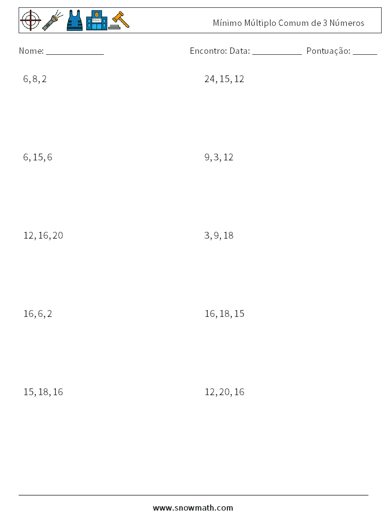 Mínimo Múltiplo Comum de 3 Números planilhas matemáticas 6