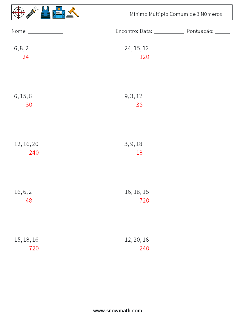 Mínimo Múltiplo Comum de 3 Números planilhas matemáticas 6 Pergunta, Resposta