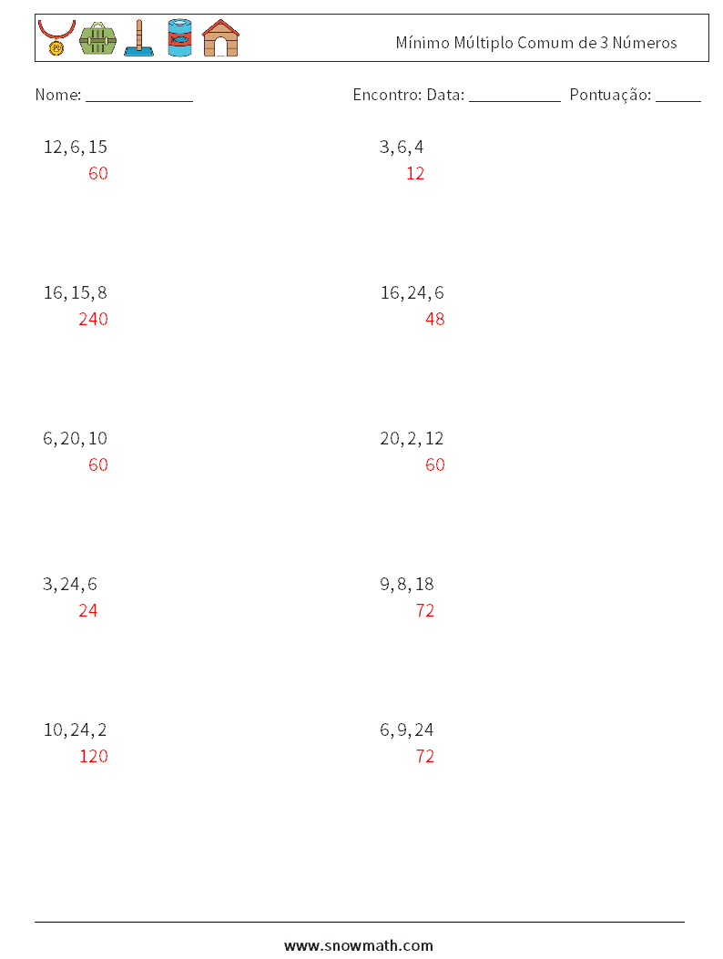 Mínimo Múltiplo Comum de 3 Números planilhas matemáticas 8 Pergunta, Resposta