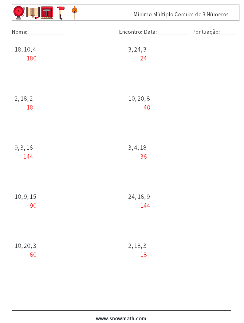 Mínimo Múltiplo Comum de 3 Números planilhas matemáticas 9 Pergunta, Resposta