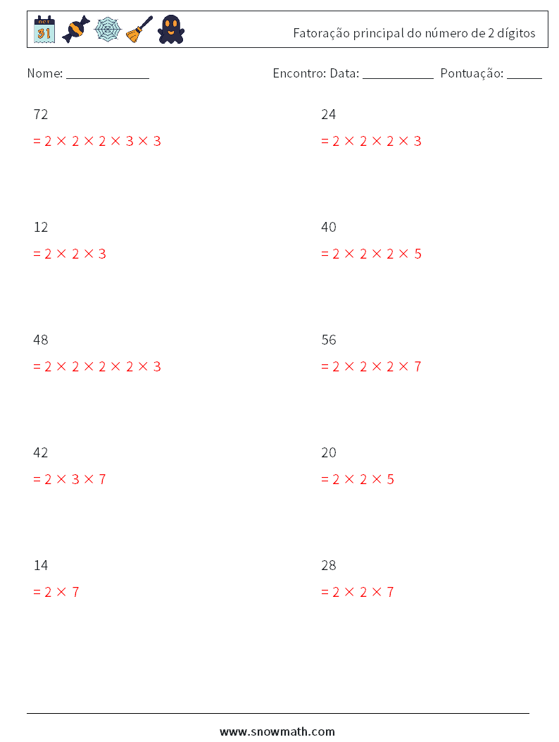 Fatoração principal do número de 2 dígitos planilhas matemáticas 1 Pergunta, Resposta