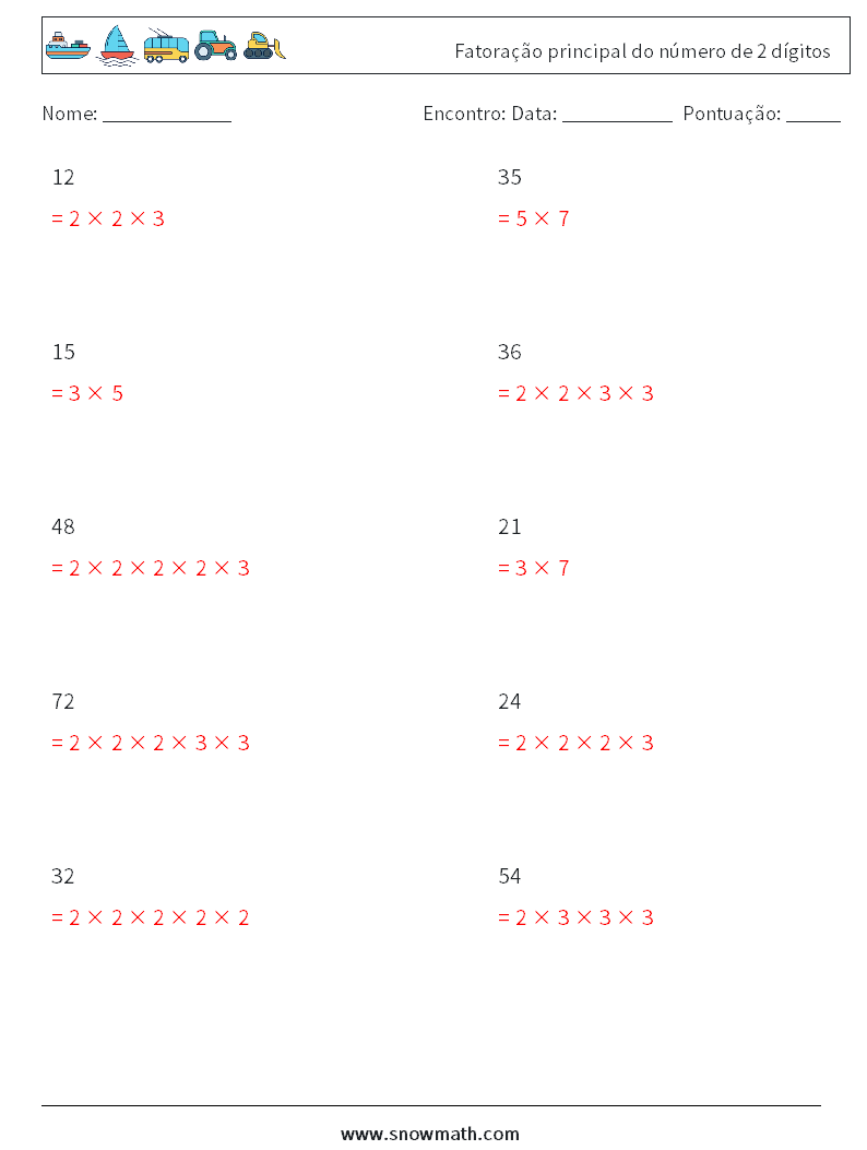 Fatoração principal do número de 2 dígitos planilhas matemáticas 2 Pergunta, Resposta