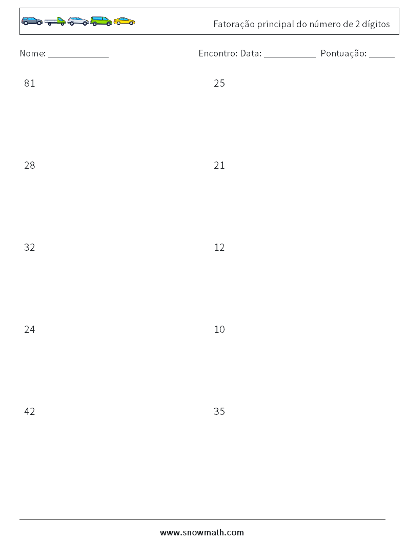 Fatoração principal do número de 2 dígitos planilhas matemáticas 3