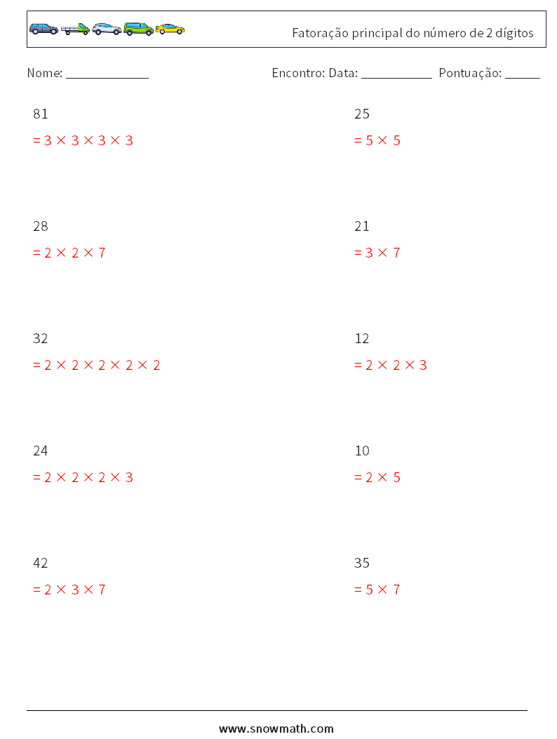 Fatoração principal do número de 2 dígitos planilhas matemáticas 3 Pergunta, Resposta