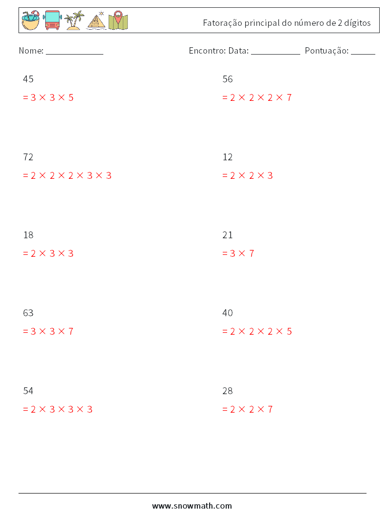 Fatoração principal do número de 2 dígitos planilhas matemáticas 4 Pergunta, Resposta