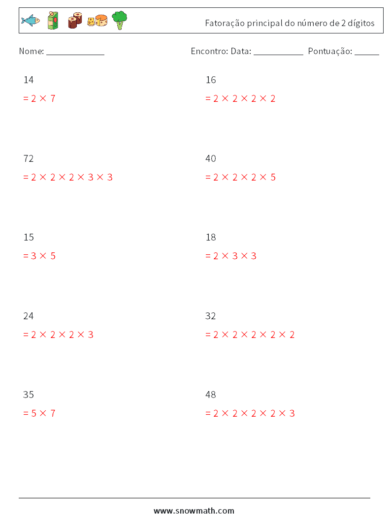 Fatoração principal do número de 2 dígitos planilhas matemáticas 5 Pergunta, Resposta