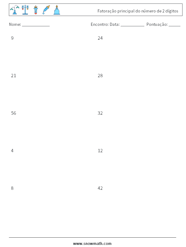 Fatoração principal do número de 2 dígitos planilhas matemáticas 8