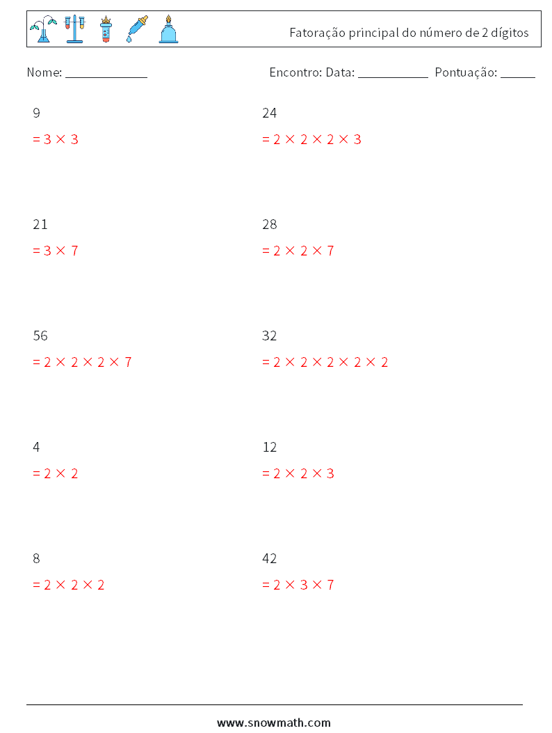Fatoração principal do número de 2 dígitos planilhas matemáticas 8 Pergunta, Resposta
