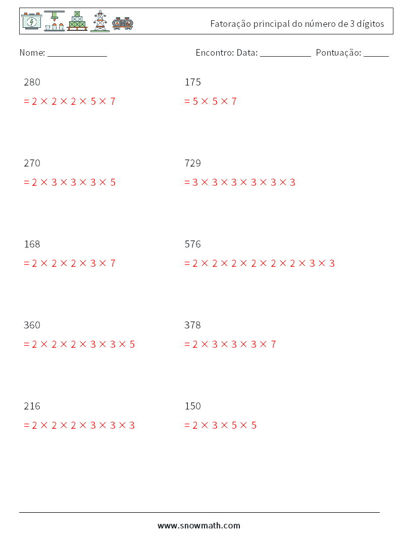 Fatoração principal do número de 3 dígitos planilhas matemáticas 3 Pergunta, Resposta