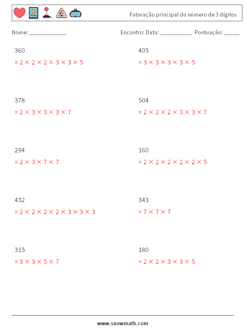 Fatoração principal do número de 3 dígitos planilhas matemáticas 4 Pergunta, Resposta