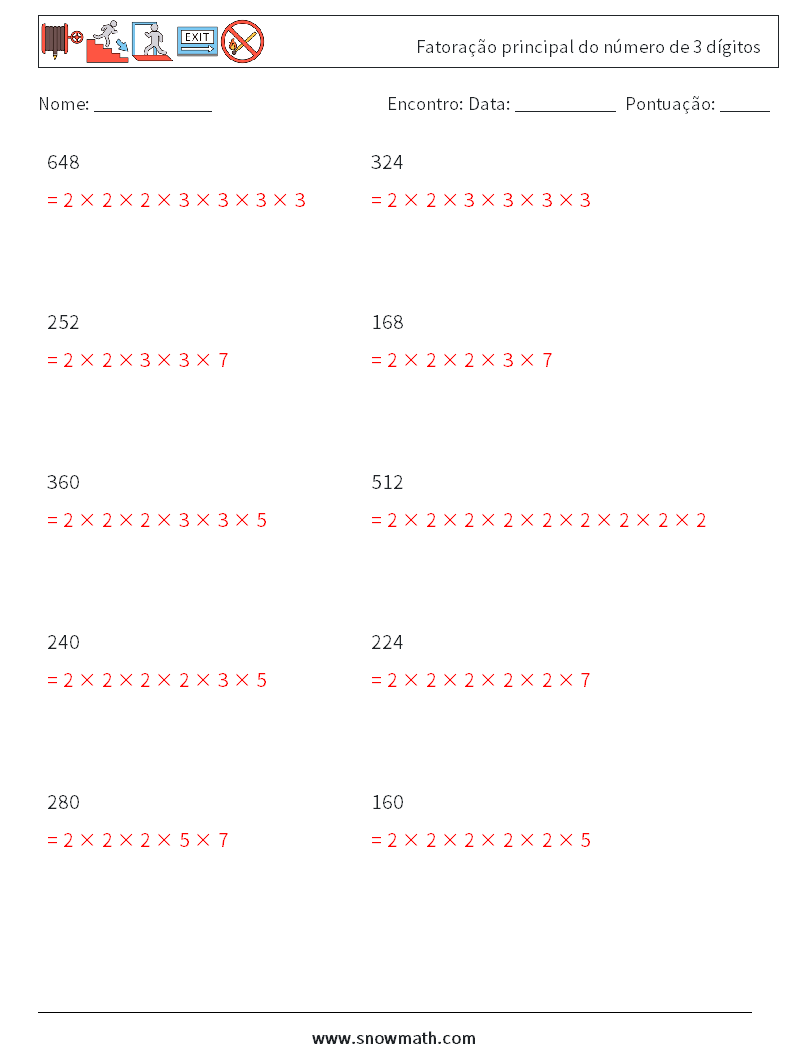 Fatoração principal do número de 3 dígitos planilhas matemáticas 5 Pergunta, Resposta