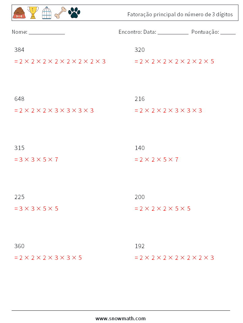 Fatoração principal do número de 3 dígitos planilhas matemáticas 6 Pergunta, Resposta