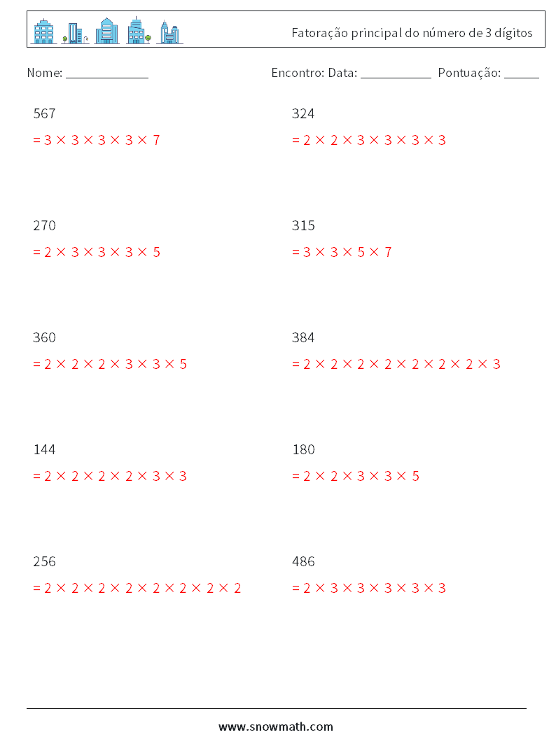 Fatoração principal do número de 3 dígitos planilhas matemáticas 7 Pergunta, Resposta