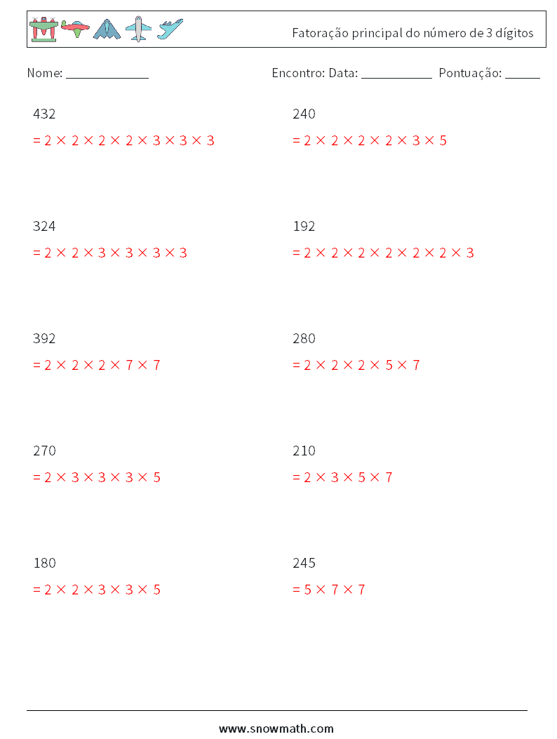 Fatoração principal do número de 3 dígitos planilhas matemáticas 8 Pergunta, Resposta