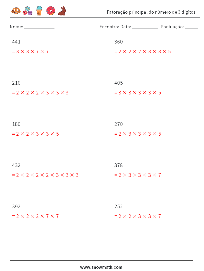 Fatoração principal do número de 3 dígitos planilhas matemáticas 9 Pergunta, Resposta