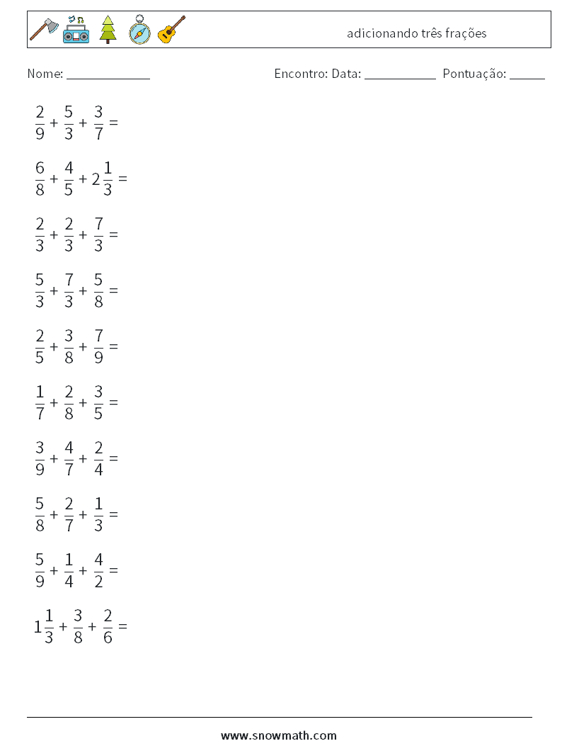 (10) adicionando três frações planilhas matemáticas 11