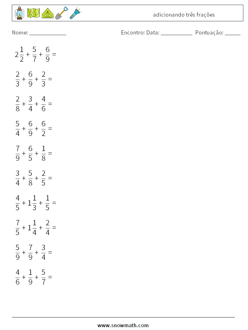 (10) adicionando três frações planilhas matemáticas 12