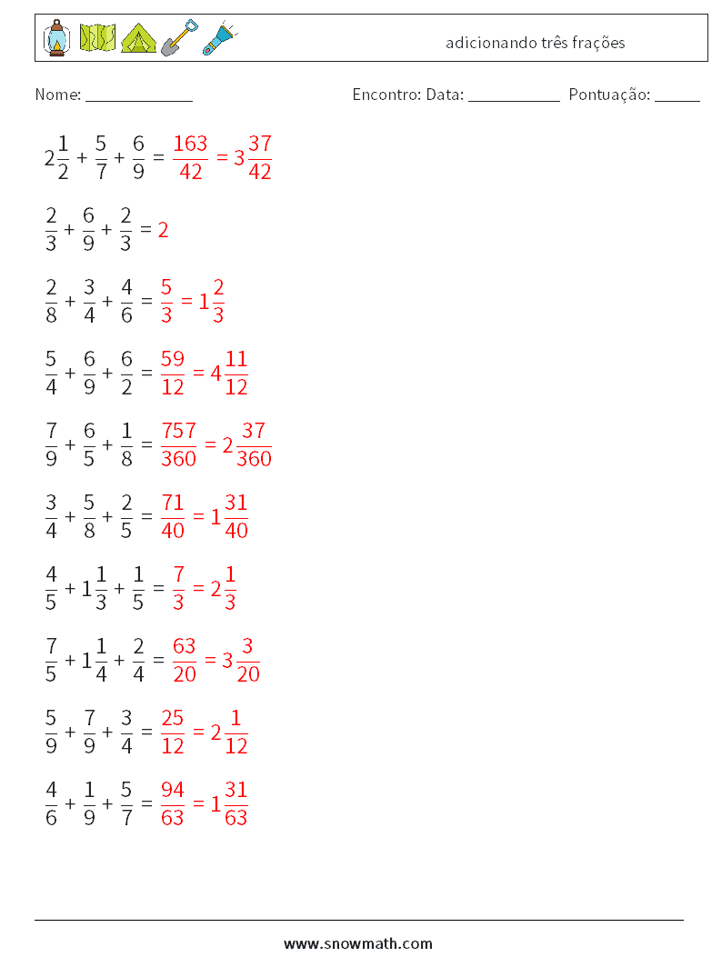 (10) adicionando três frações planilhas matemáticas 12 Pergunta, Resposta