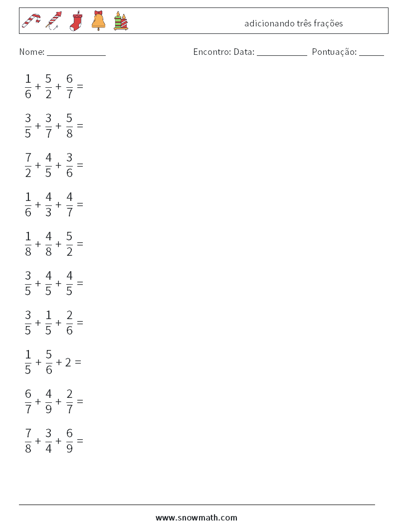 (10) adicionando três frações planilhas matemáticas 13