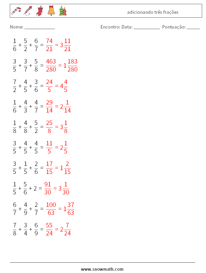 (10) adicionando três frações planilhas matemáticas 13 Pergunta, Resposta