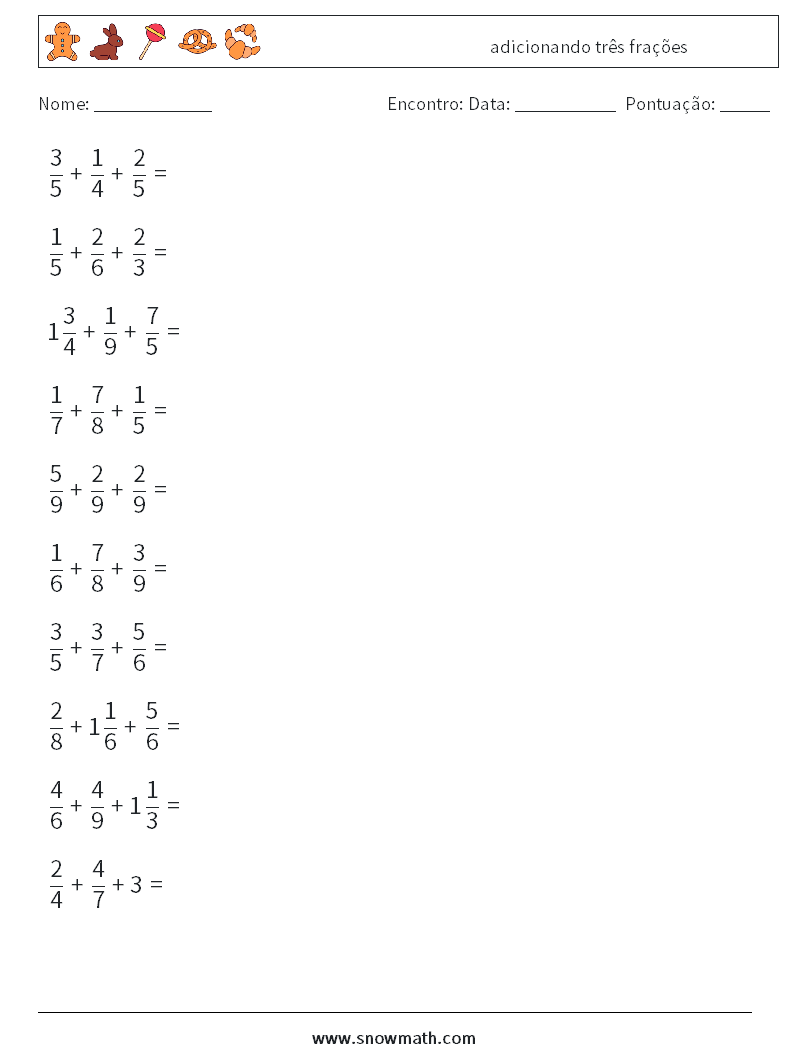 (10) adicionando três frações planilhas matemáticas 15