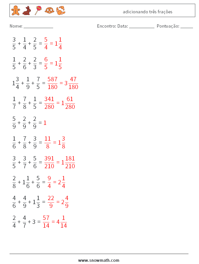 (10) adicionando três frações planilhas matemáticas 15 Pergunta, Resposta