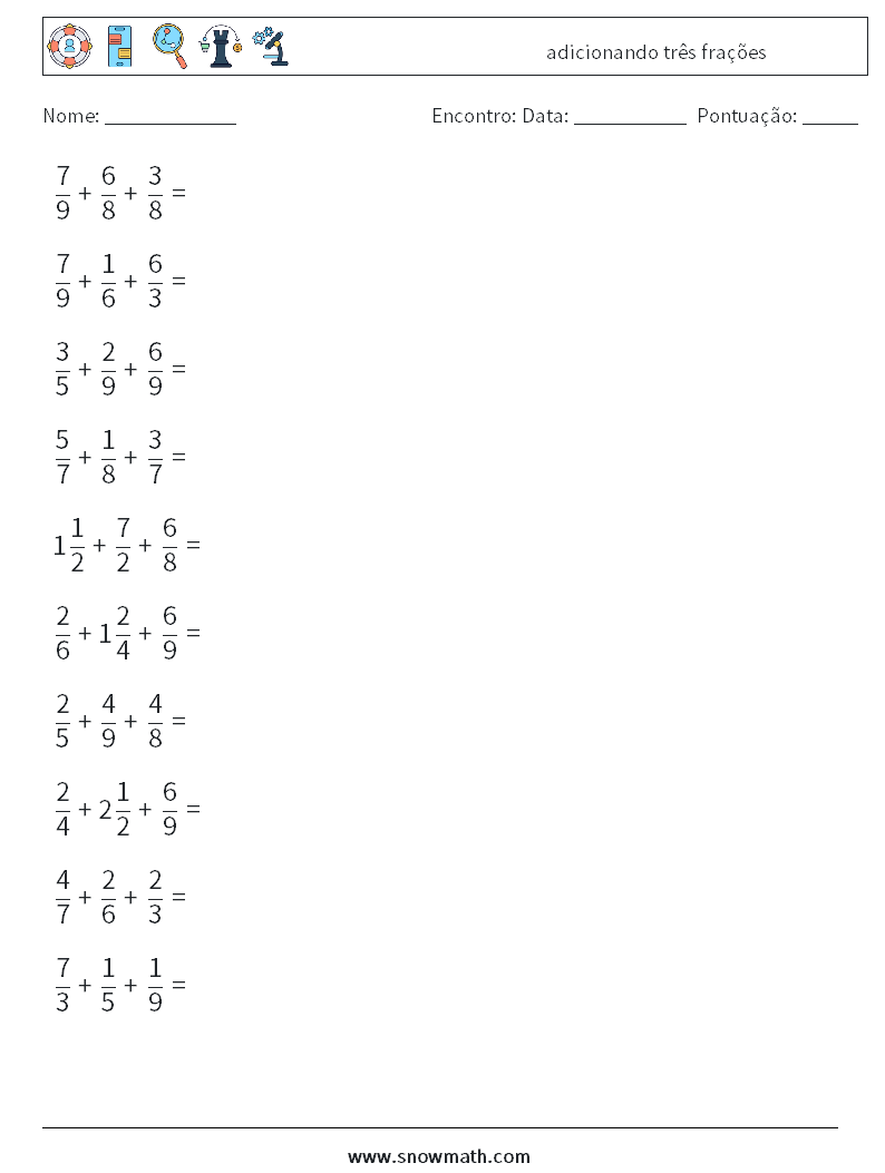 (10) adicionando três frações planilhas matemáticas 18