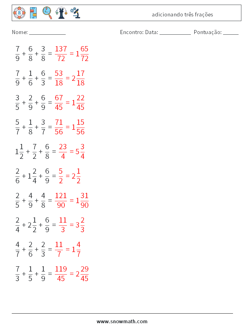 (10) adicionando três frações planilhas matemáticas 18 Pergunta, Resposta