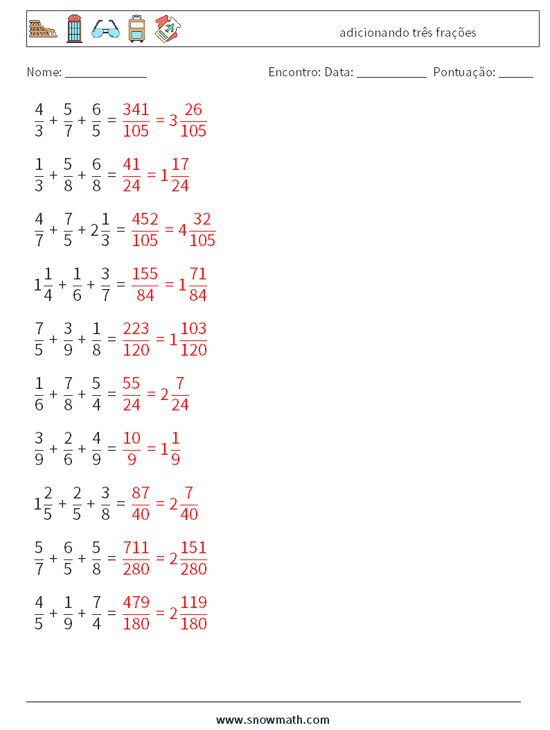 (10) adicionando três frações planilhas matemáticas 1 Pergunta, Resposta