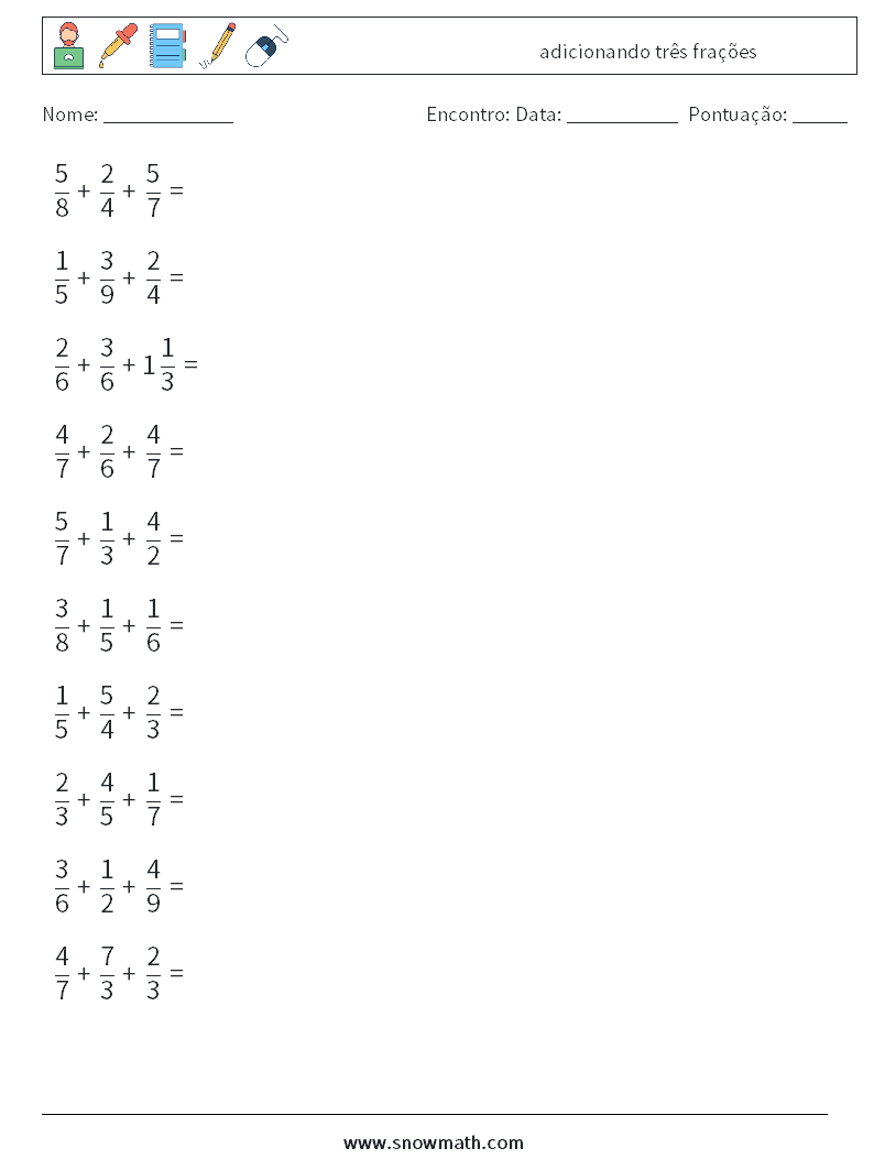 (10) adicionando três frações planilhas matemáticas 4