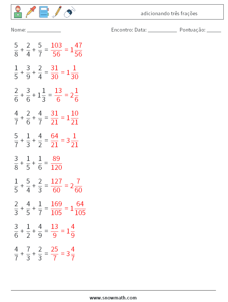 (10) adicionando três frações planilhas matemáticas 4 Pergunta, Resposta