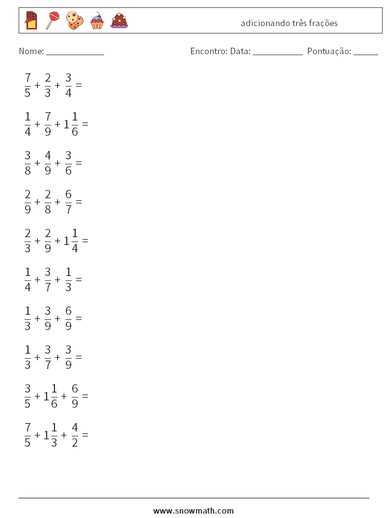 (10) adicionando três frações planilhas matemáticas 6