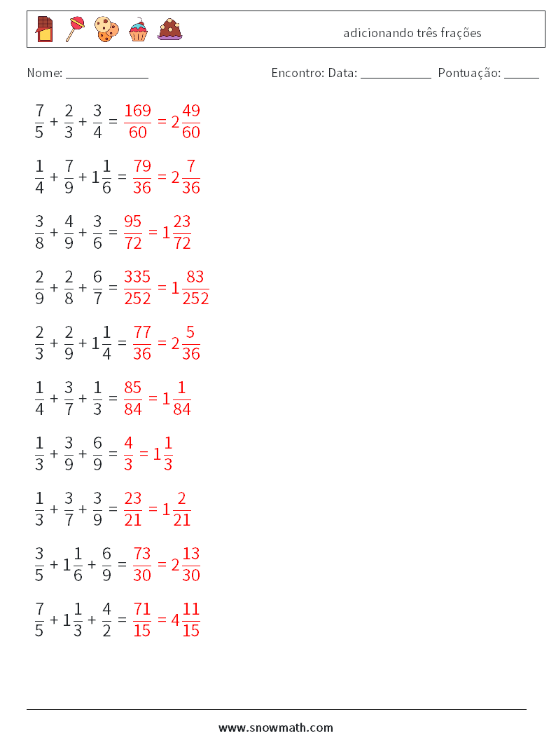 (10) adicionando três frações planilhas matemáticas 6 Pergunta, Resposta