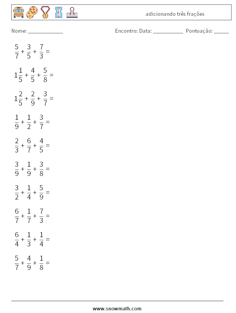 (10) adicionando três frações planilhas matemáticas 7