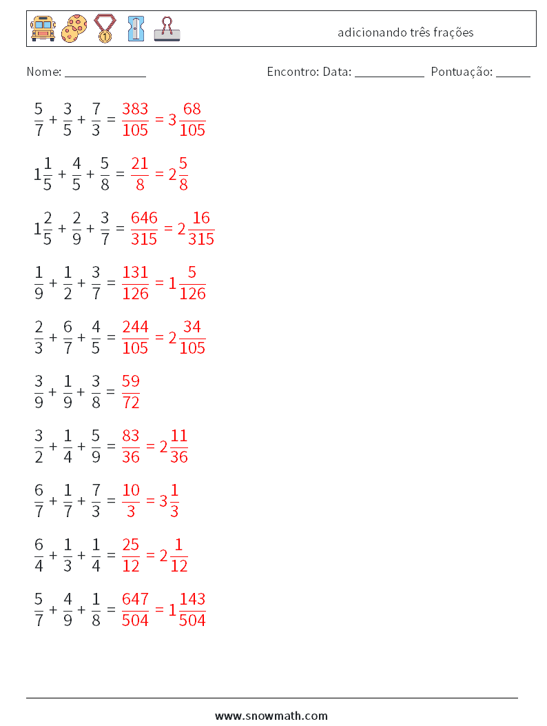 (10) adicionando três frações planilhas matemáticas 7 Pergunta, Resposta