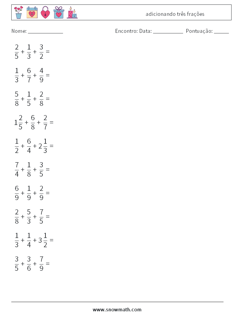 (10) adicionando três frações planilhas matemáticas 8