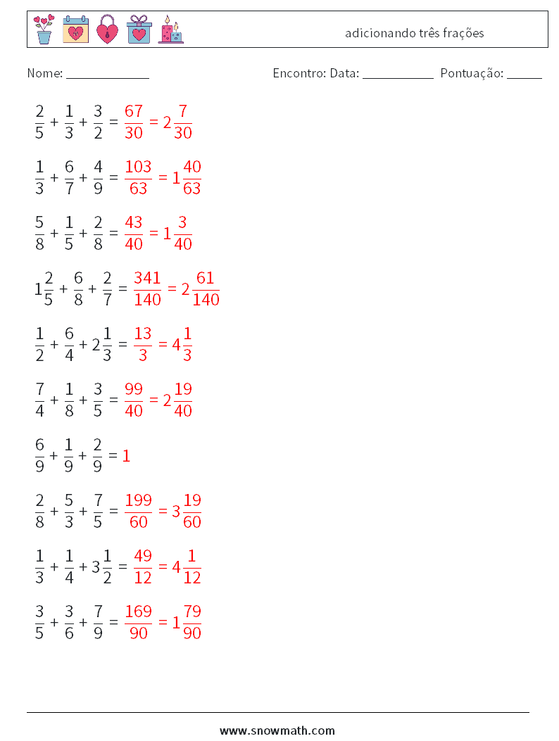 (10) adicionando três frações planilhas matemáticas 8 Pergunta, Resposta