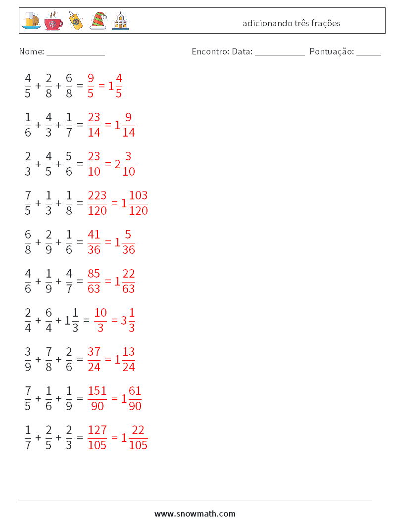 (10) adicionando três frações planilhas matemáticas 9 Pergunta, Resposta