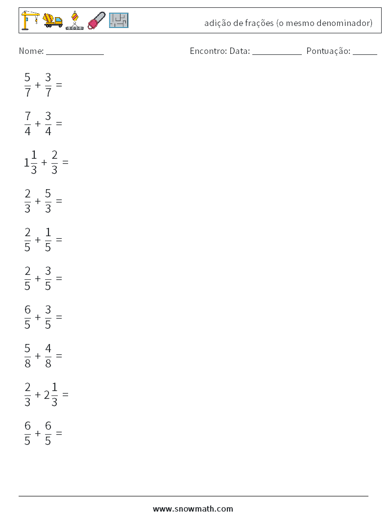 (10) adição de frações (o mesmo denominador) planilhas matemáticas 12