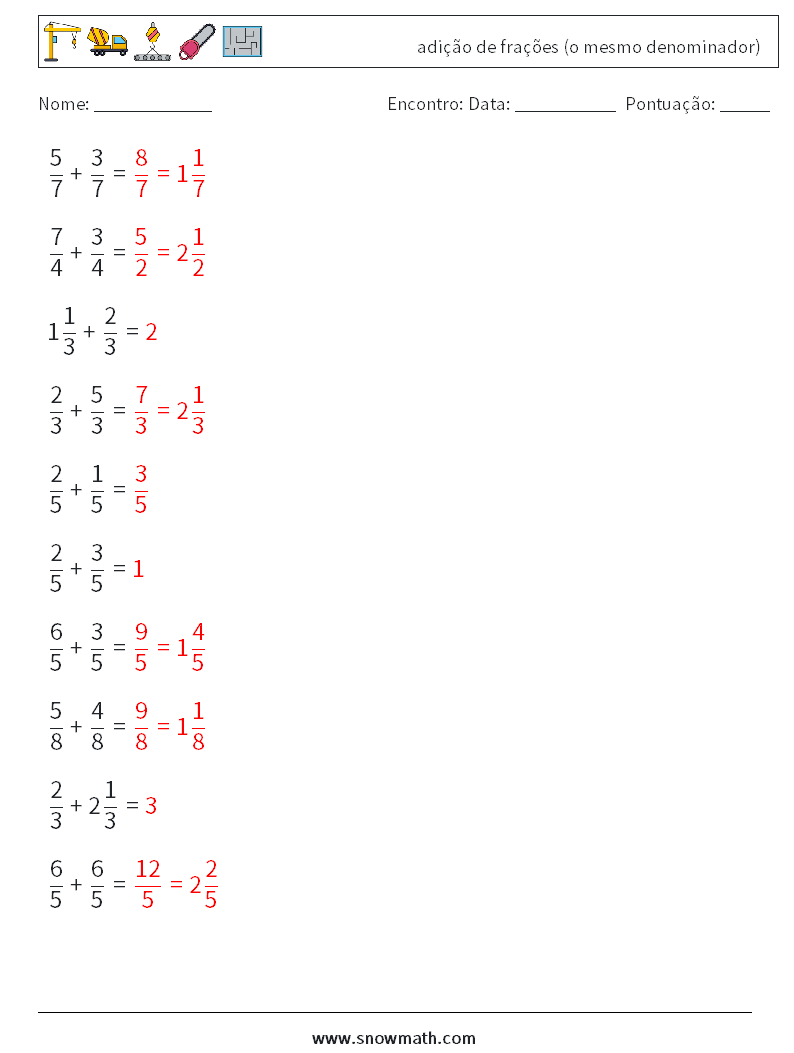 (10) adição de frações (o mesmo denominador) planilhas matemáticas 12 Pergunta, Resposta