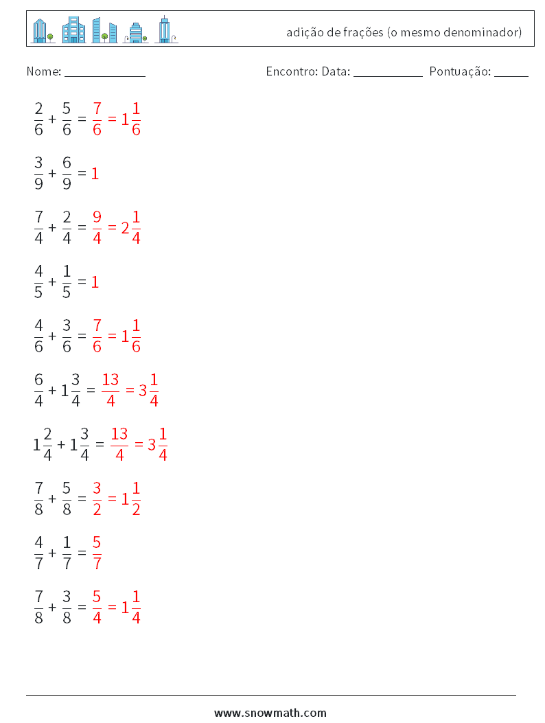 (10) adição de frações (o mesmo denominador) planilhas matemáticas 13 Pergunta, Resposta