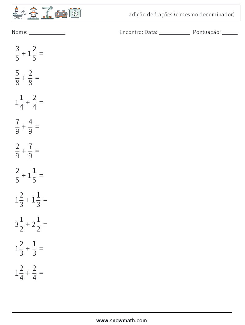 (10) adição de frações (o mesmo denominador) planilhas matemáticas 14