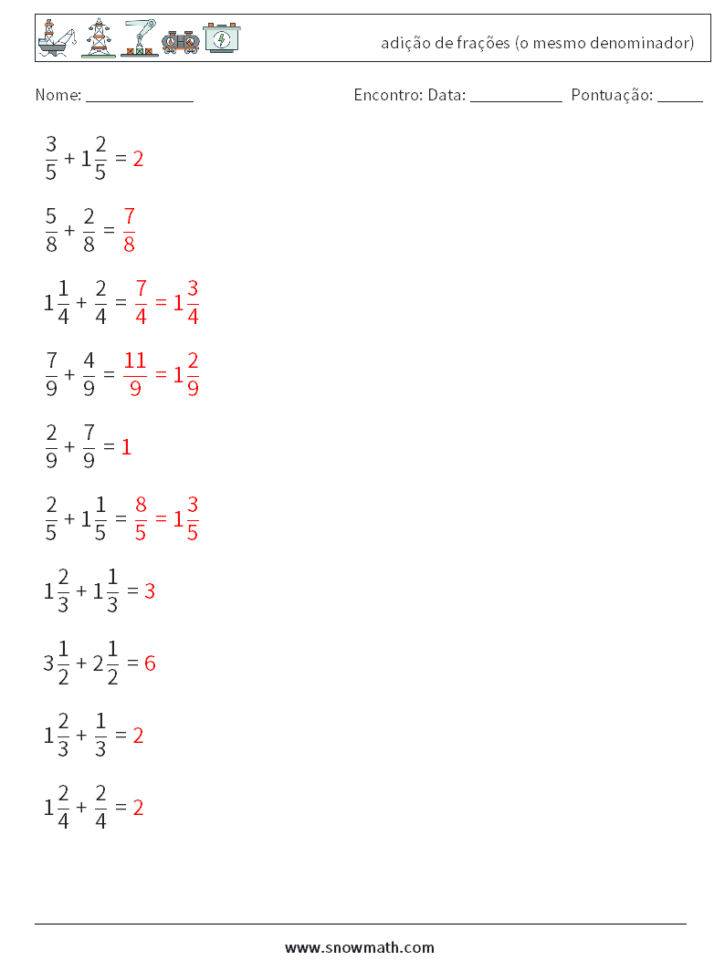 (10) adição de frações (o mesmo denominador) planilhas matemáticas 14 Pergunta, Resposta
