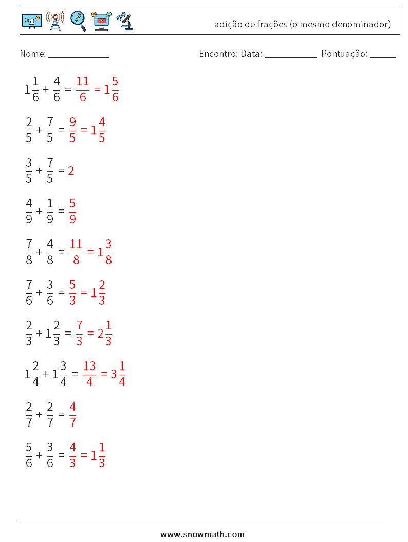 (10) adição de frações (o mesmo denominador) planilhas matemáticas 15 Pergunta, Resposta