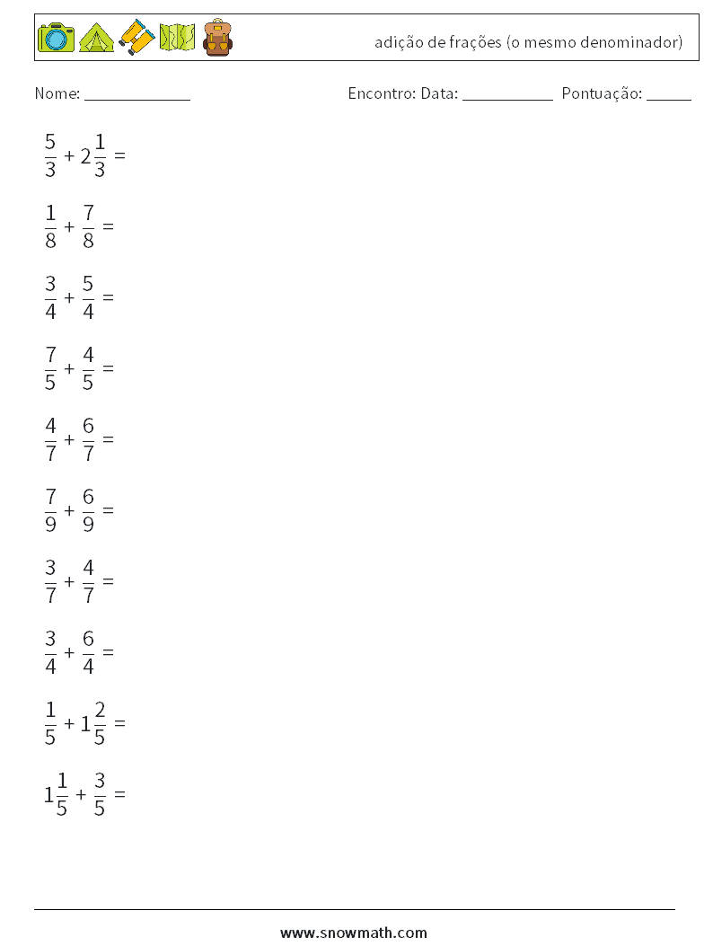 (10) adição de frações (o mesmo denominador) planilhas matemáticas 16